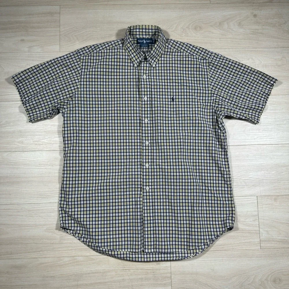 Ralph Lauren Polo Blake plaid Short Sleeve Button Down Shirt Large Yellow Purple